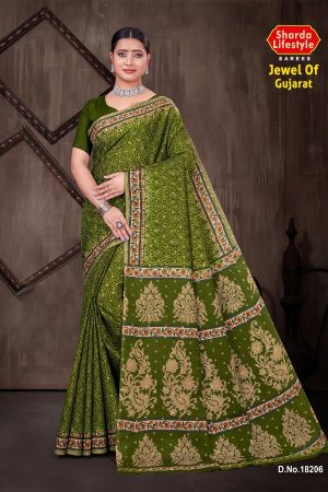 Jewel of Gujarat Cotton Saree with Chutney Green and Golden Super Design