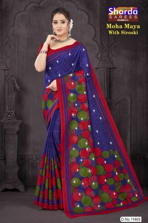 Moha Maya Siroski cotton saree in dark blue, red, and chutney green with a simple design