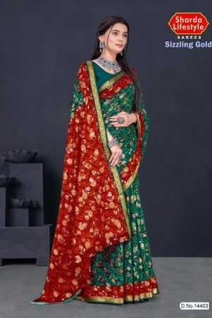 Sizzling Gold cotton saree in red and dark green with floral and leaves design