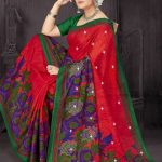 Moha Maya Siroski cotton saree in red, dark blue, and chutney green with a simple design