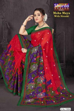 Moha Maya Siroski cotton saree in red, dark blue, and chutney green with a simple design