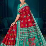 Mango Khatta Doriya red and sky blue cotton saree with traditional bandhani design