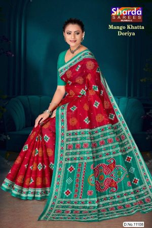 Mango Khatta Doriya red and sky blue cotton saree with traditional bandhani design