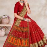 Side angle of Shagun Malai cotton saree with red and cream floral accents