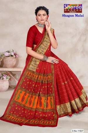 Side angle of Shagun Malai cotton saree with red and cream floral accents