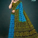 Blue and green seasonal fruit cotton saree with accent design