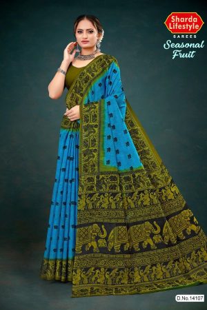 Blue and green seasonal fruit cotton saree with accent design