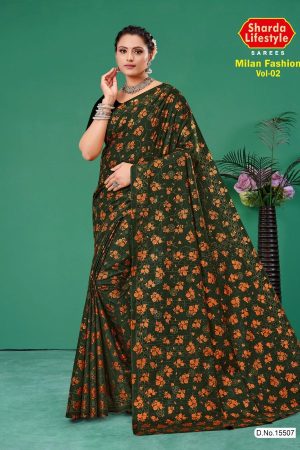 Milan Fashion Vol.02 cotton saree in dark green and copper with floral design