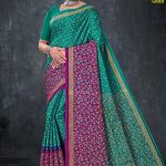 Bhagya Vidhata Gold cotton saree in peacock green and magenta with small flower design