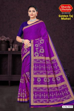 Golden Taj Mahal Cotton Saree in Purple and Golden Color