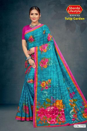 Tulip Garden Cotton Saree with Sky Blue and Pink with Flower Design