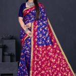 Sizzling Gold cotton saree in dark blue and dark pink with floral and leaves design