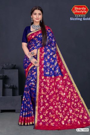 Sizzling Gold cotton saree in dark blue and dark pink with floral and leaves design