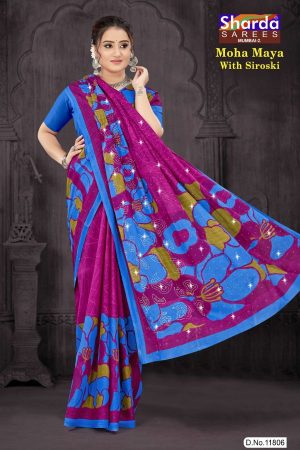 Moha Maya Siroski cotton saree in purple, sky blue, and chutney green with a simple design