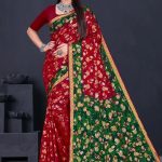 Sizzling Gold cotton saree in dark red and dark green with floral and leaves design