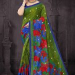 Moha Maya Siroski cotton saree in chutney green, sky blue, and red with a simple design