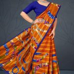 Kufri Satin Flower Cotton Saree with Orange and Dark Blue Pattern Design