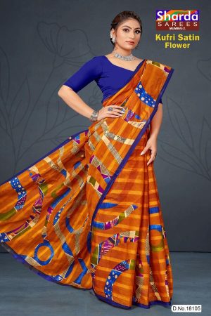 Kufri Satin Flower Cotton Saree with Orange and Dark Blue Pattern Design