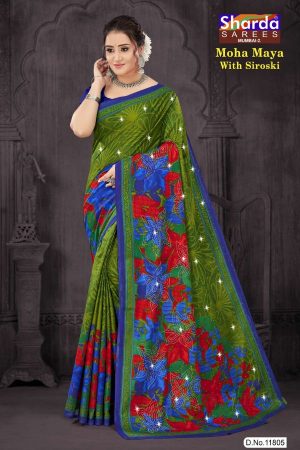 Moha Maya Siroski cotton saree in chutney green, sky blue, and red with a simple design