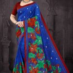 Moha Maya Siroski cotton saree in dark blue, chutney green, and red with a simple design