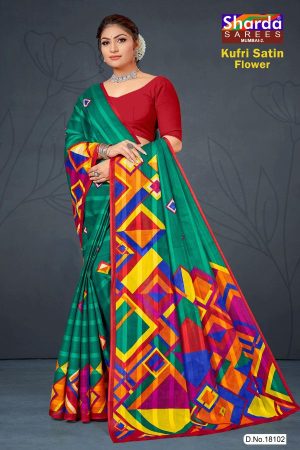 Kufri Satin Flower Cotton Saree with Peacock Green and Red Pattern Design