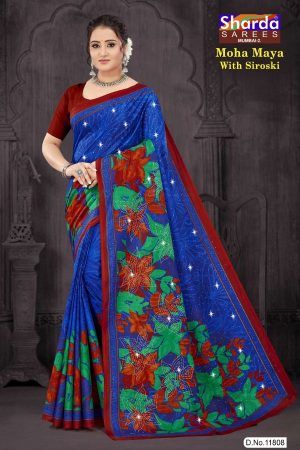 Moha Maya Siroski cotton saree in dark blue, chutney green, and red with a simple design