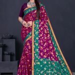 Sizzling Gold cotton saree in dark purple and dark peacock green with floral and leaves design