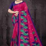 Moha Maya Siroski cotton saree in dark pink, chutney green, and dark blue with a simple design