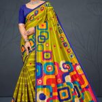 Kufri Satin Flower Cotton Saree with Mehndi Green and Dark Blue Pattern Design