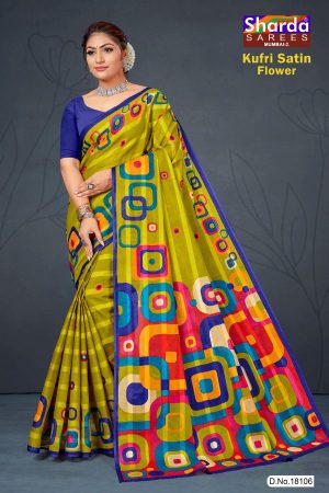 Kufri Satin Flower Cotton Saree with Mehndi Green and Dark Blue Pattern Design