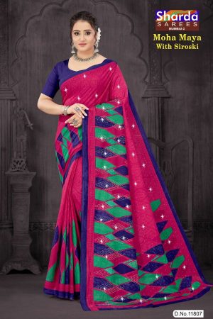 Moha Maya Siroski cotton saree in dark pink, chutney green, and dark blue with a simple design