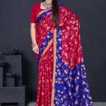 Sizzling Gold cotton saree in dark red and dark blue with floral and leaves design