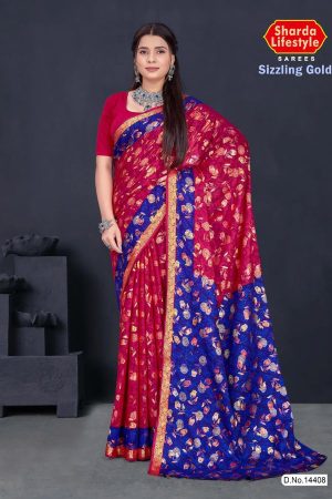 Sizzling Gold cotton saree in dark red and dark blue with floral and leaves design