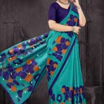 Moha Maya Siroski cotton saree in light blue, navy blue, and orange with a simple design