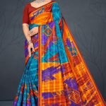 Kufri Satin Flower Cotton Saree with Blue and Orange Pattern Design