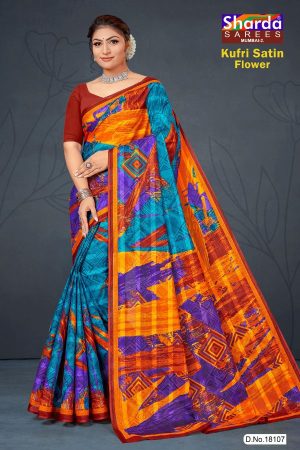 Kufri Satin Flower Cotton Saree with Blue and Orange Pattern Design