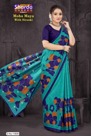 Moha Maya Siroski cotton saree in light blue, navy blue, and orange with a simple design