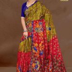 Turkish Gold cotton saree in dull yellow and red with big flower design