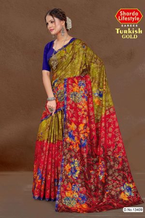 Turkish Gold cotton saree in dull yellow and red with big flower design