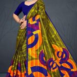 Kufri Satin Flower Cotton Saree with Mehndi and Orange Pattern Design