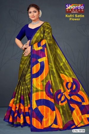 Kufri Satin Flower Cotton Saree with Mehndi and Orange Pattern Design