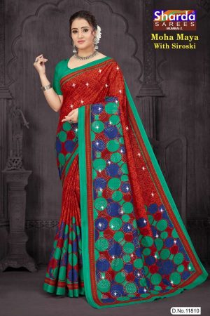 Moha Maya Siroski cotton saree in red, peacock green, and navy blue with a simple design