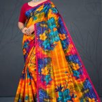 Kufri Satin Flower Cotton Saree with Orange and Neon Blue Pattern Design