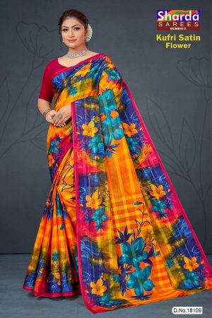 Kufri Satin Flower Cotton Saree with Orange and Neon Blue Pattern Design