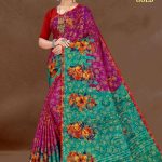 Turkish Gold cotton saree in purple and green with big flower design