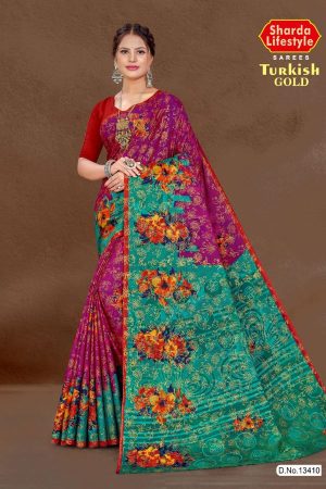 Turkish Gold cotton saree in purple and green with big flower design