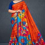 Kufri Satin Flower Cotton Saree with Orange and Blue Pattern Design