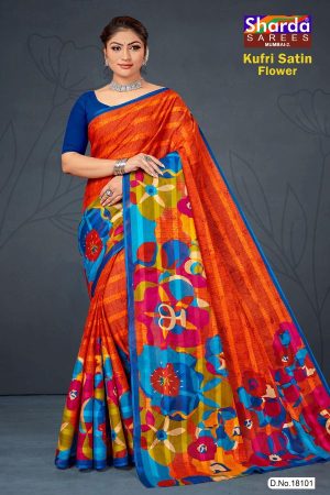 Kufri Satin Flower Cotton Saree with Orange and Blue Pattern Design