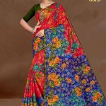 Turkish Gold cotton saree in red and blue with big flower design