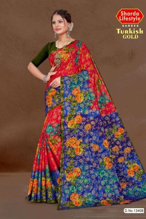 Turkish Gold cotton saree in red and blue with big flower design